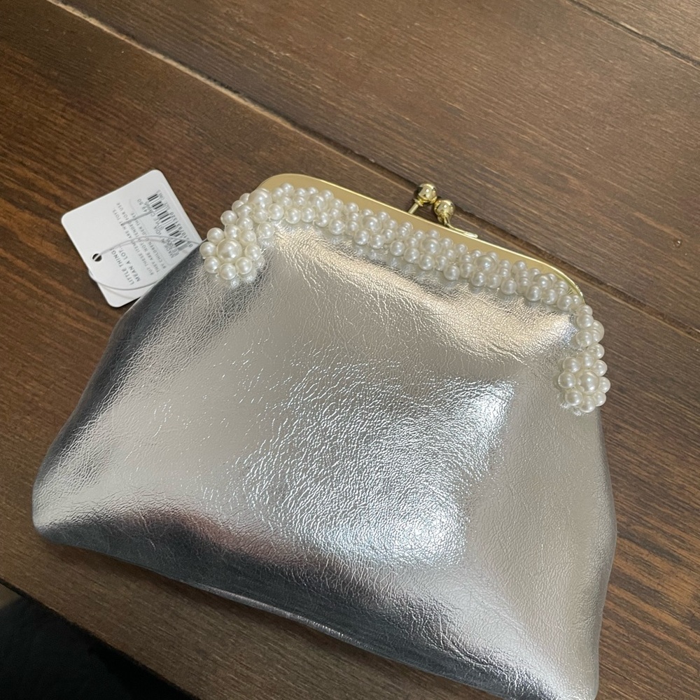 J. Crew Silver Clutch with Pearl Detail